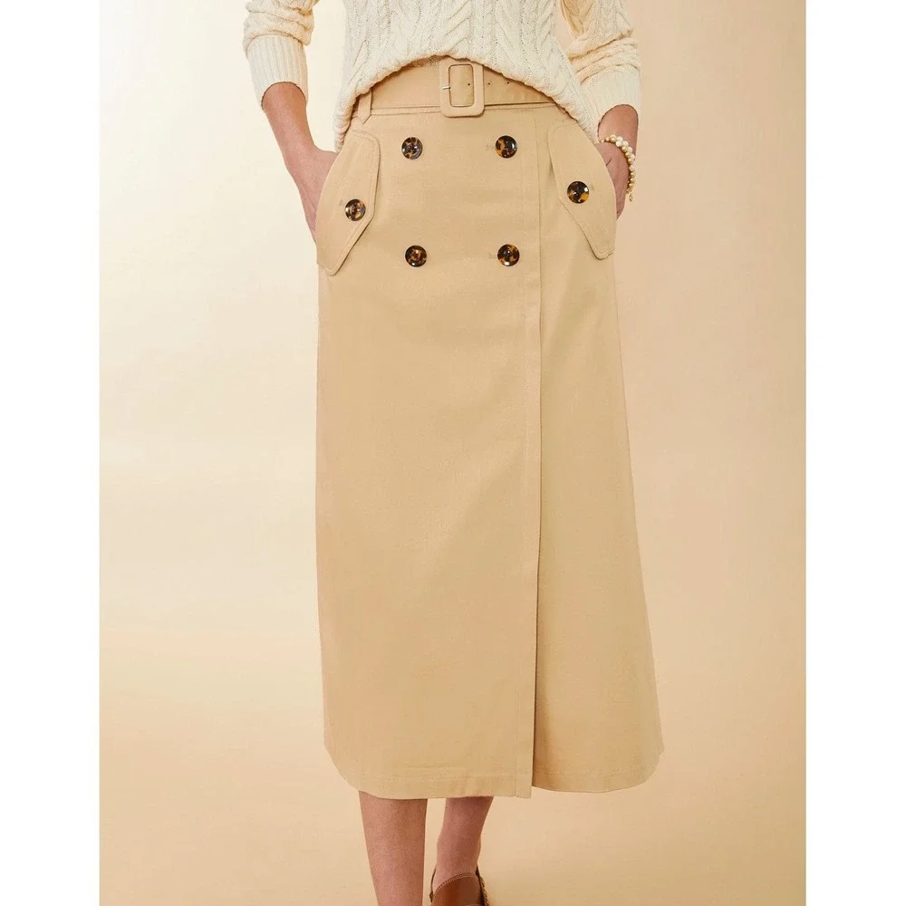 Spartina 449 Tan Trench Midi Skirt Belted‎ Double Breasted Khaki Size 8